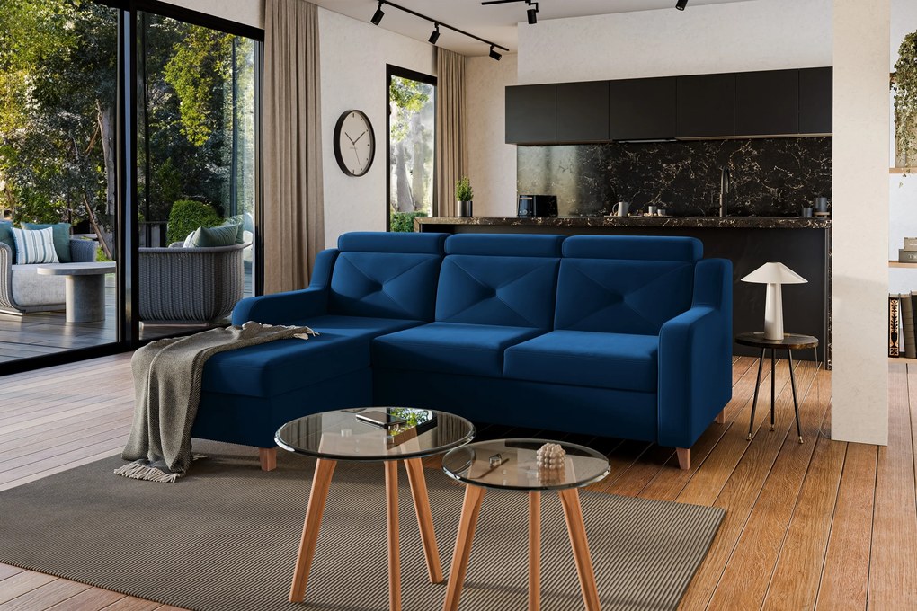 Narożnik Laksaro z funkcją spania lewostronny - niebieski welur Trinity 31