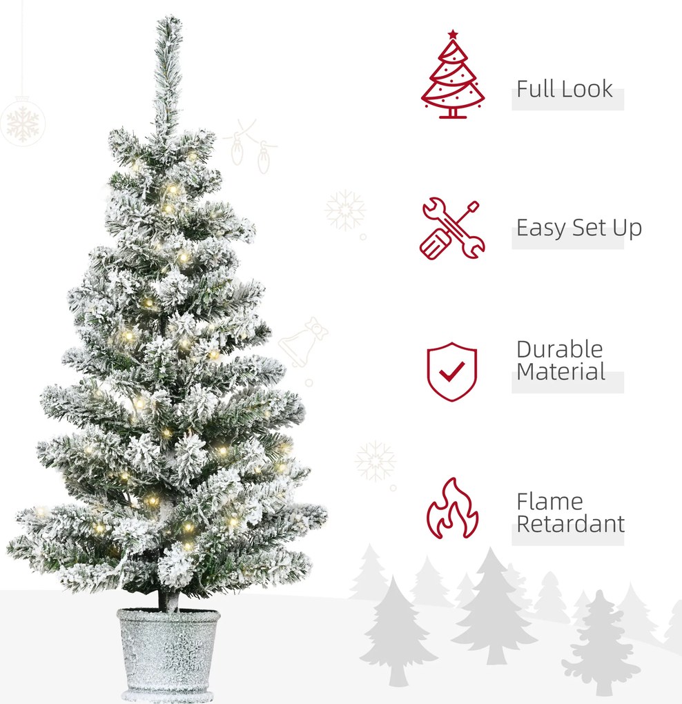 HOMCOM Mini Choinka Ø40x90 cm, z efektem śniegu, 60 diod LED, ognioodporna, plastik, Zielony/Biały | Aosom PL
