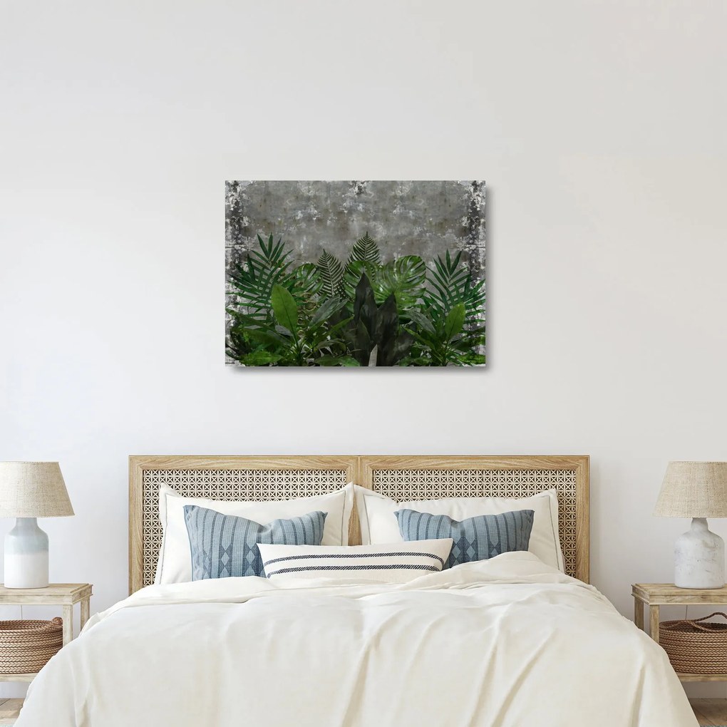 Obraz na szkle - Betonowa ściana z roślinami (70x50 cm)