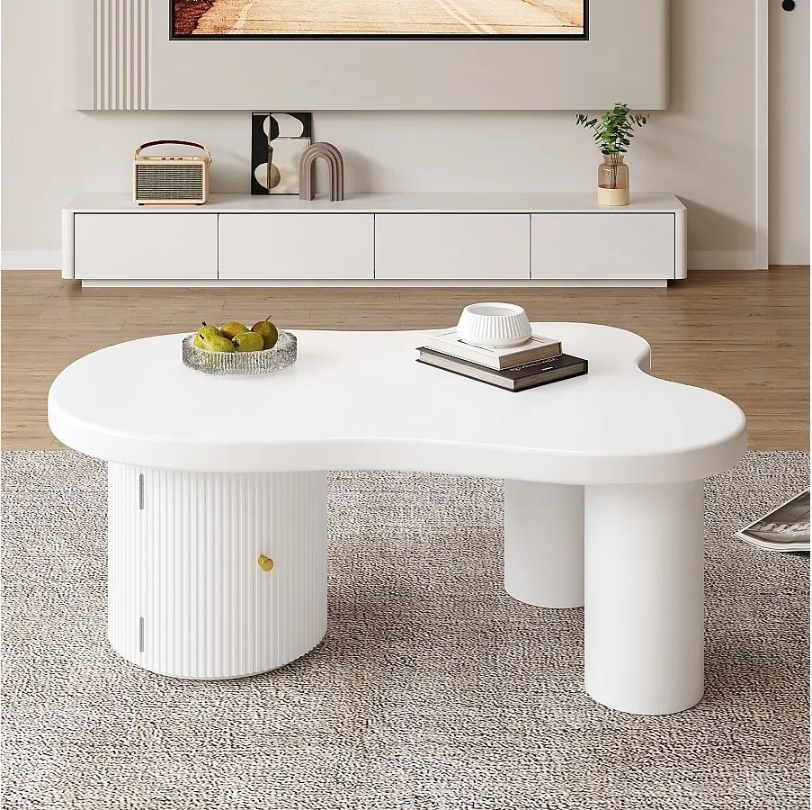 Biały stolik kawowy - Stolik kawowy z 1 drzwiami i cylindrycznymi nogami - wzór w kształcie chmurki - do salonów i biur