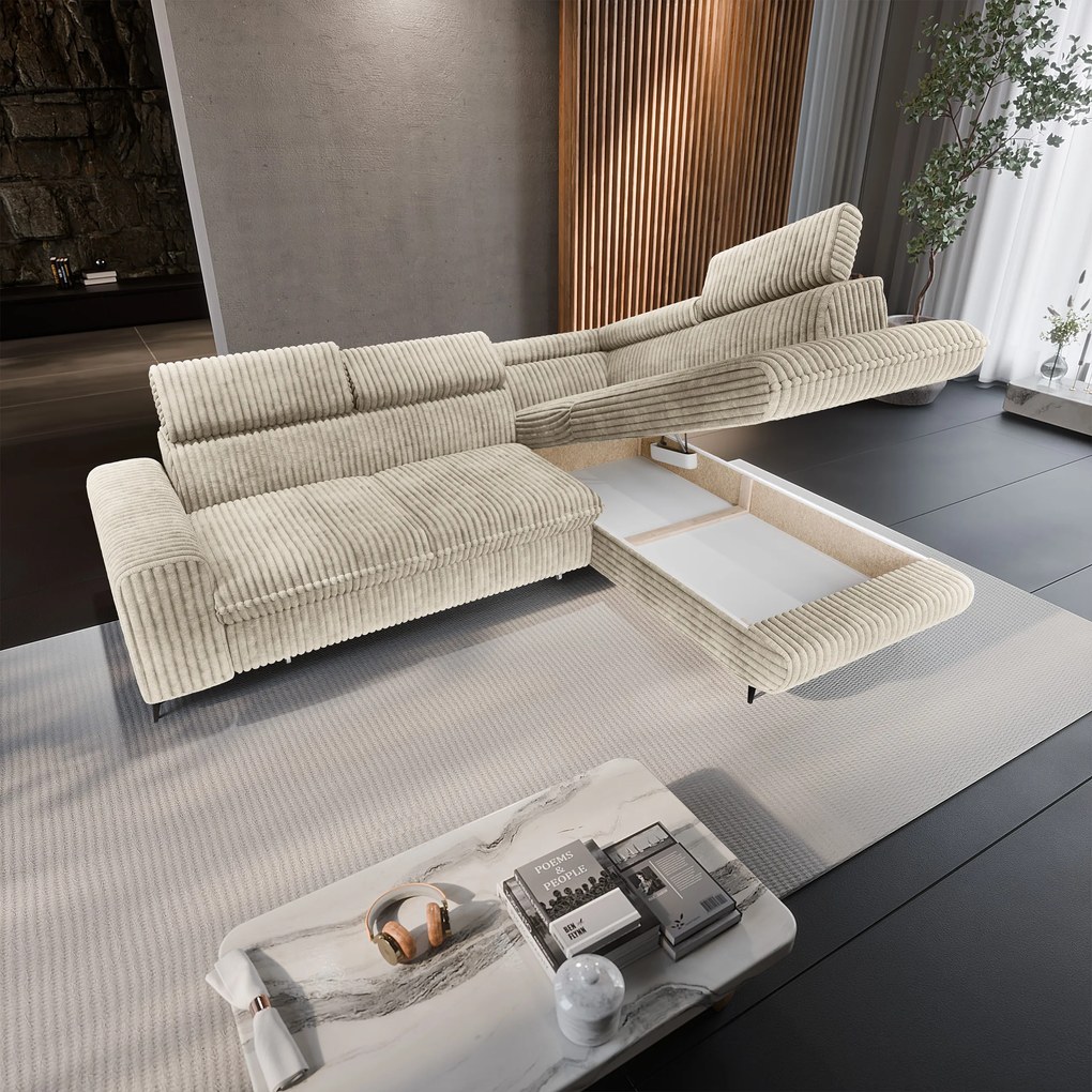 Masseno Narożnik VELISS z funkcją spania i pojemnikiem na pościel Rozkładana sofa do Salonu - Kremowy, TILIA 03