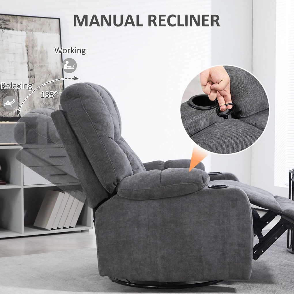 HOMCOM Fotel Relaksacyjny z Podnóżkiem, Fotel Leżący, Obrotowy, do 150 kg, Konstrukcja Stalowa, 88x96x108cm, Ciemnoszary | Aosom PL