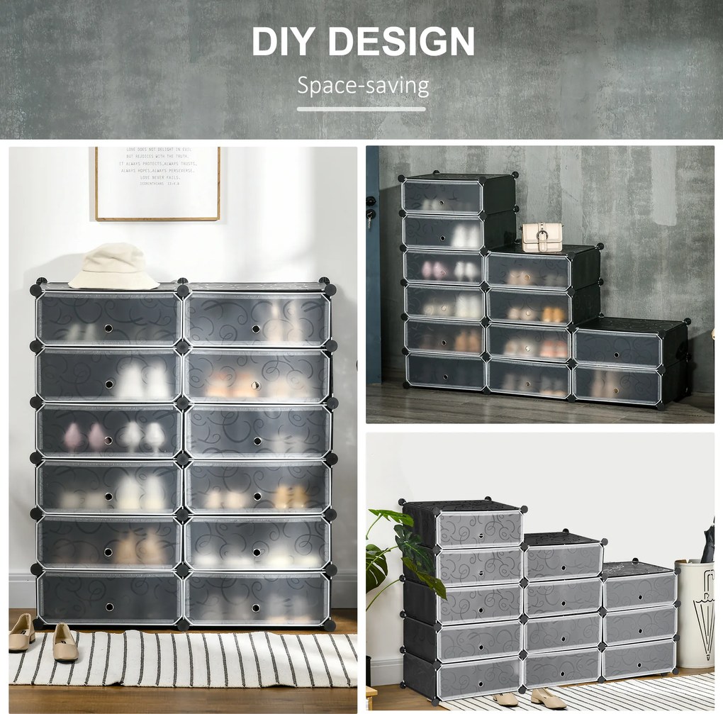 HOMCOM Regał na buty, 12 skrzynek na 24 pary butów, Plastik, Czarny+Biały