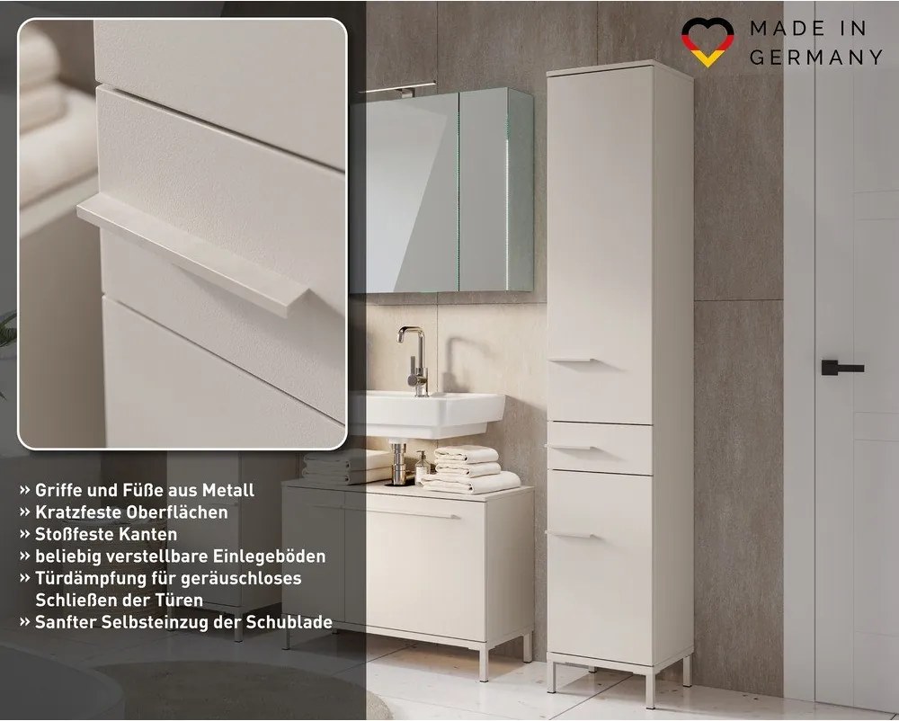 Kremowa wysoka/wąska szafka łazienkowa z matowym wykończeniem 34x190 cm Laurino – Germania