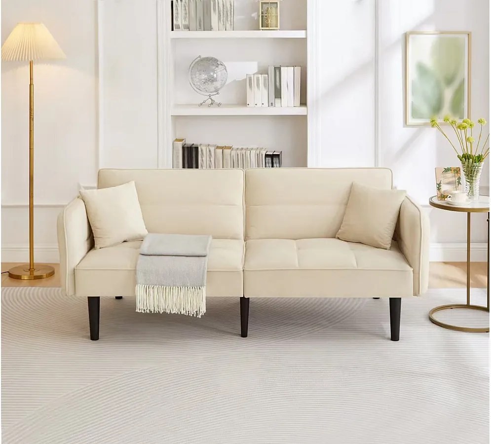 Sofa 2-osobowa, aksamit beżowy, tapicerowana sofa z regulowanym oparciem, czarne drewniane nogi