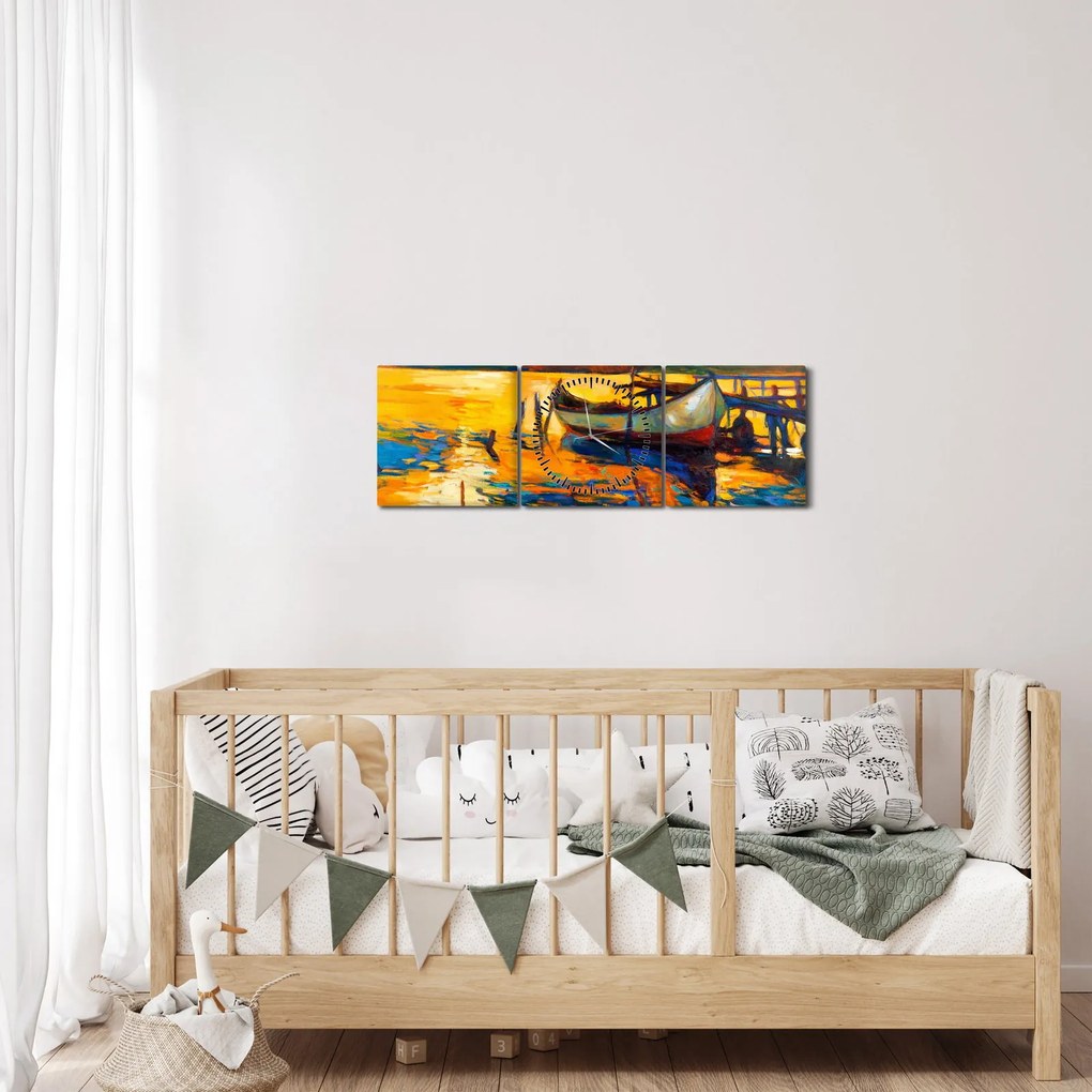 Obraz - Łódź o zachodzie słońca (z zegarem) (90x30 cm)