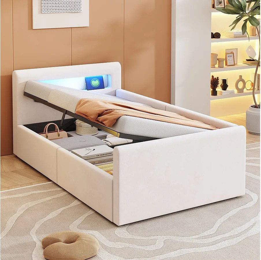 Tapicerowane łóżko dziecięce z pojemnikiem - 90 x 200 cm - z diodami LED + USB - zagłówek z półką - welur + płyta MDF - beżowe