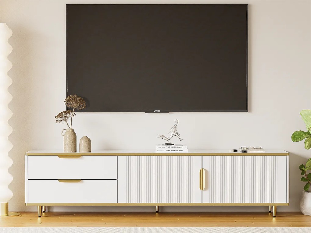 Nowoczesny mebel TV - z 2 drzwiami i 2 szufladami - metalowe nogi - Biały