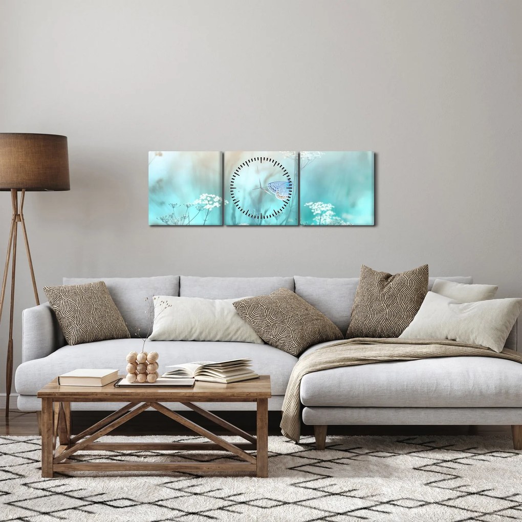 Obraz - Motyl w niebieskim (z zegarem) (90x30 cm)