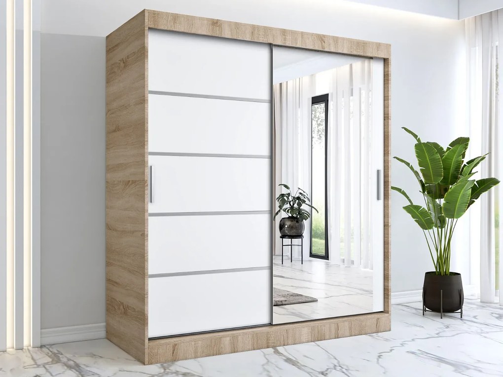 Szafa przesuwna MODUO COMFORT 2 180 dąb sonoma/biała mat z lustrem MKPOL