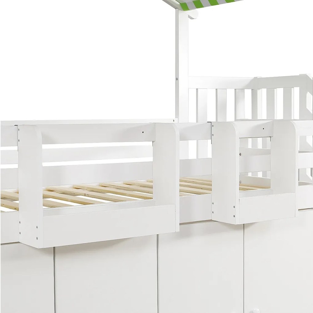 Łóżko mezzanine 90x200 cm - z litego drewna - z 1 szafą, 2 schowkami i schodami do przechowywania - Białe