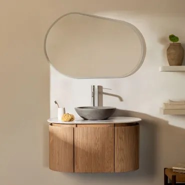 Zestaw Wiszących Mebli Łazienkowych Z Drewna Carsone Naturalna & Bez Jednostki Pomocniczej & Okrągły Szary Cement Ø40 Cm Tarsis - Sklum