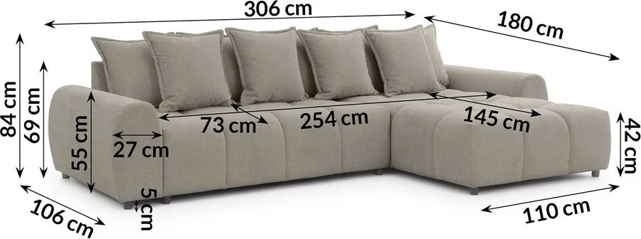 Szarobrązowy narożnik (prawostronny/z szezlongiem) Albane – Ropez