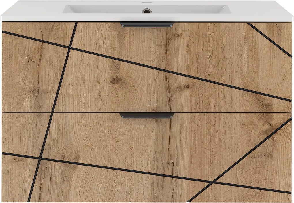 Szafka ścienna 80 cm z umywalką wpuszczaną Wood 01, dąb wotan - zestaw 3