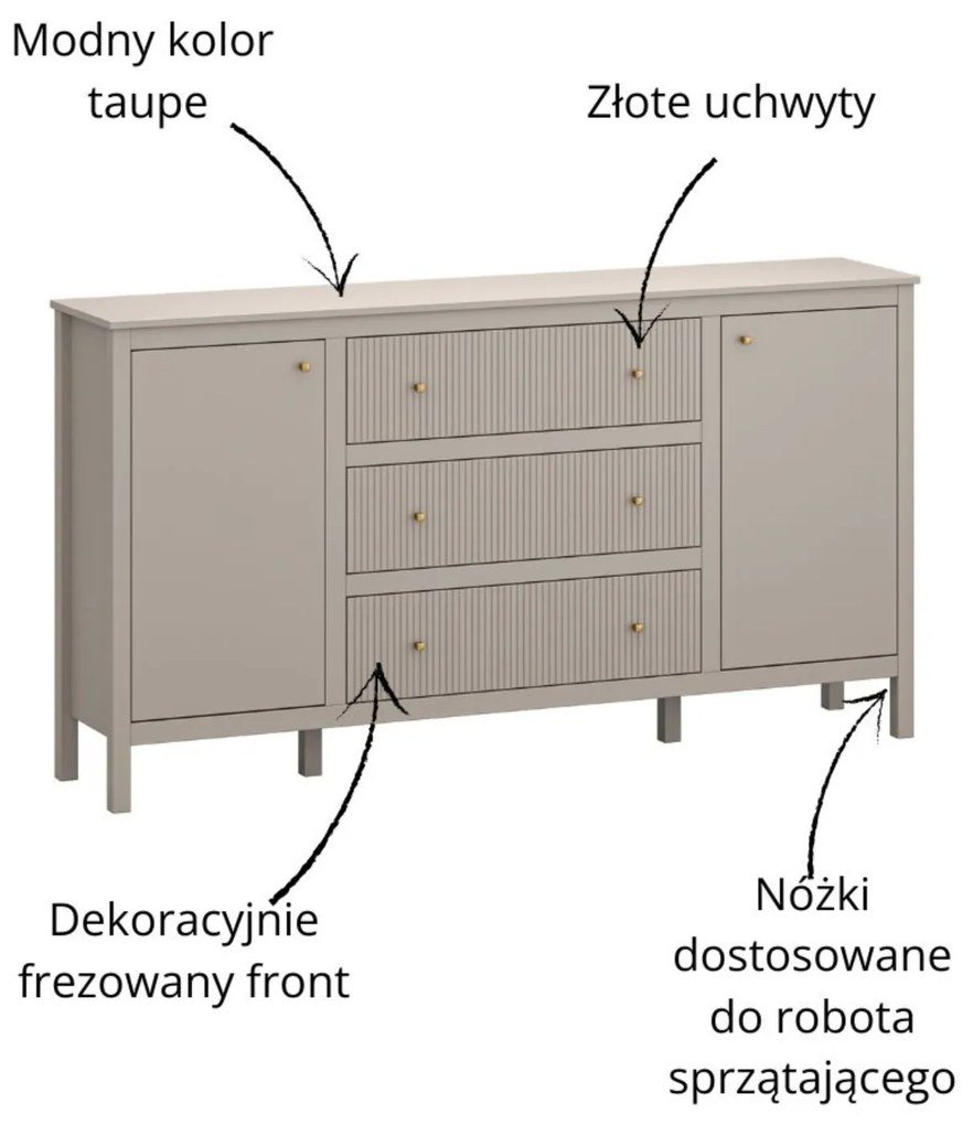 Komoda Dwudrzwiowa z Szufladami SELVIO 183 cm Taupe Ryflowana Nowoczesna