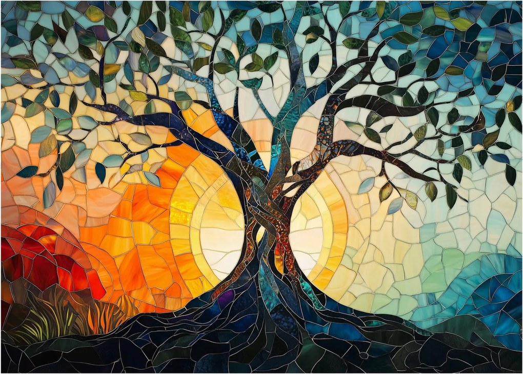 Obraz na szkle – Mozaika – słońce i drzewo I. (70x50 cm)