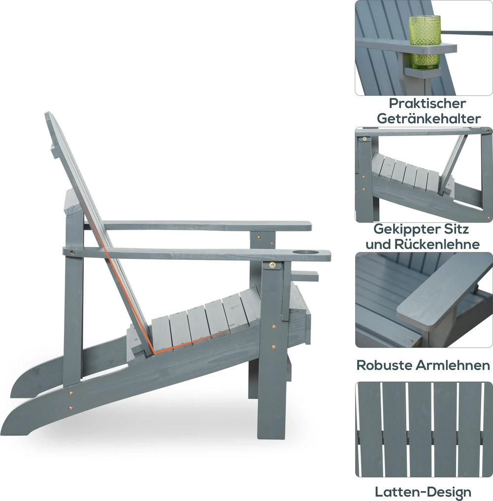 Outsunny krzesło ogrodowe Adirondack z uchwytem na kubek leżak ogrodowy krzesło balkonowe lite drewno kolor ciemnoszary 97 x 72,5 x 93 cm