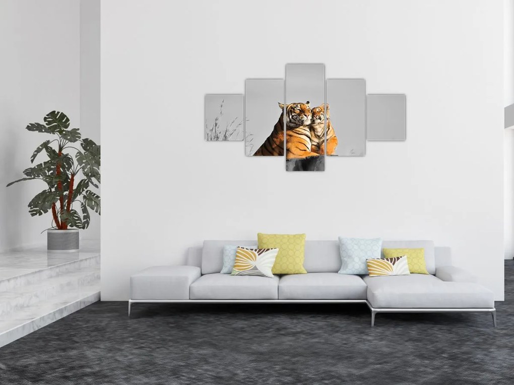 Obraz - Tygrysica i jej młode, wersja czarno - biała (125x70 cm)