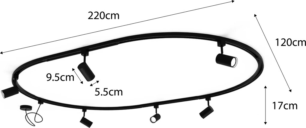 Nowoczesny system oświetlenia szynowego z 8 czarnymi reflektorami, 1-fazowy, owalny, 200 cm - Iconic Jeana