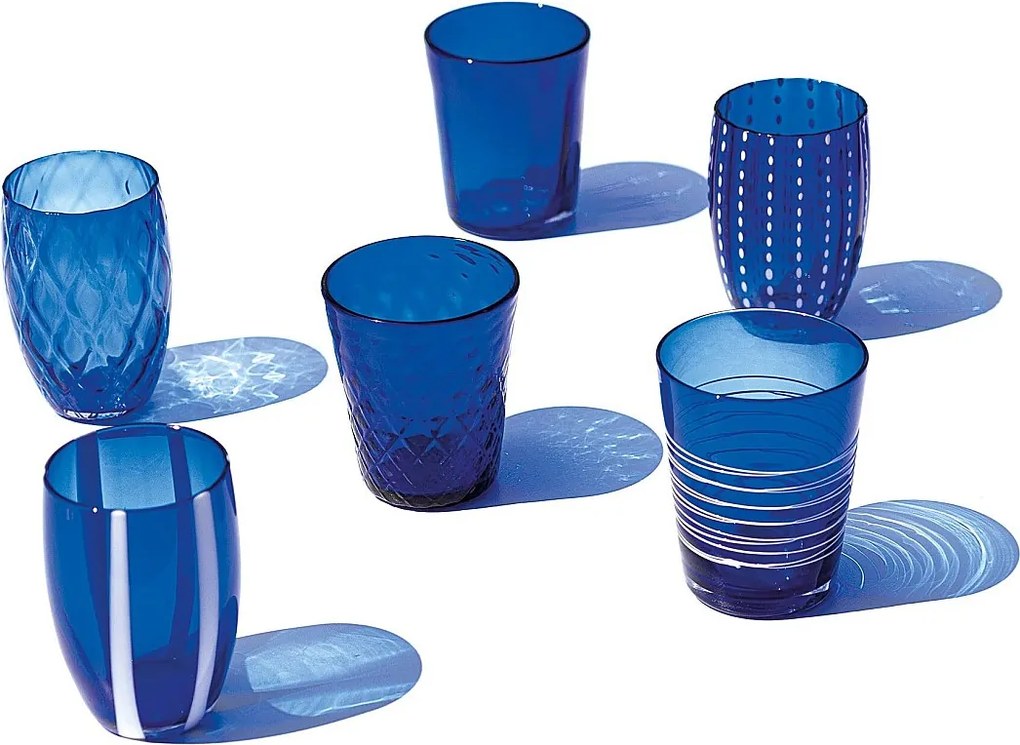 Zestaw 6 jednokolorowych szklanek Zafferano Melting Pot – niebieski – szkło dmuchane ręcznie, 32 cl – artystyczne szklanki do wody i koktajli
