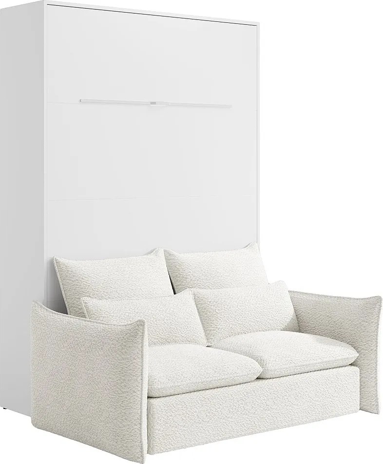 Łóżko chowane w szafie 160 x 200 cm - Ręczne otwieranie pionowe - Z LED - Białe + Kanapa - RAPILI