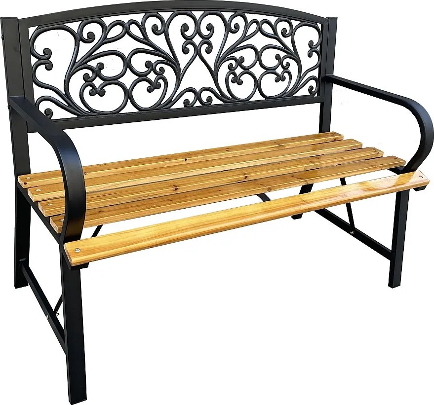 Czarna ławka ogrodowa NERINA z lakierowanym drewnem i żeliwnymi nogami szerokość 118 cm