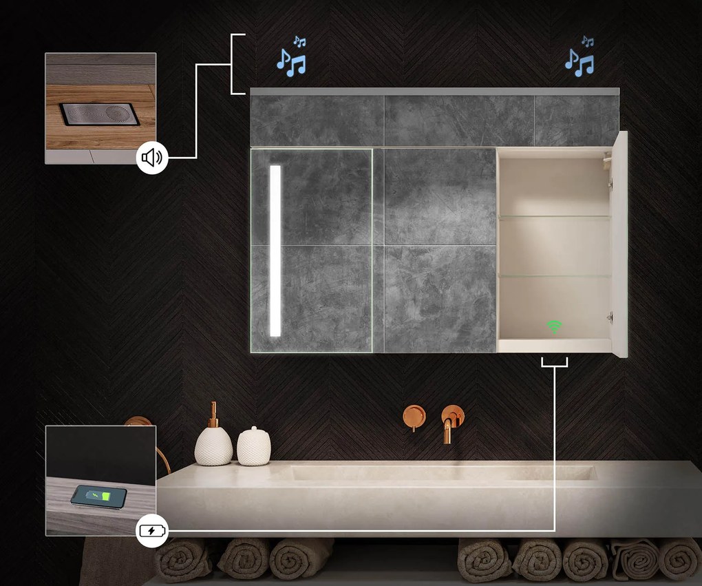 Szafka podświetlana z lustrem LED model Emily L02 - 100 x 72 cm, łazienkowa szafka o nowoczesnym designie z konfiguracją włącznika podświetlenia, w kolorze Dąb Pradawny