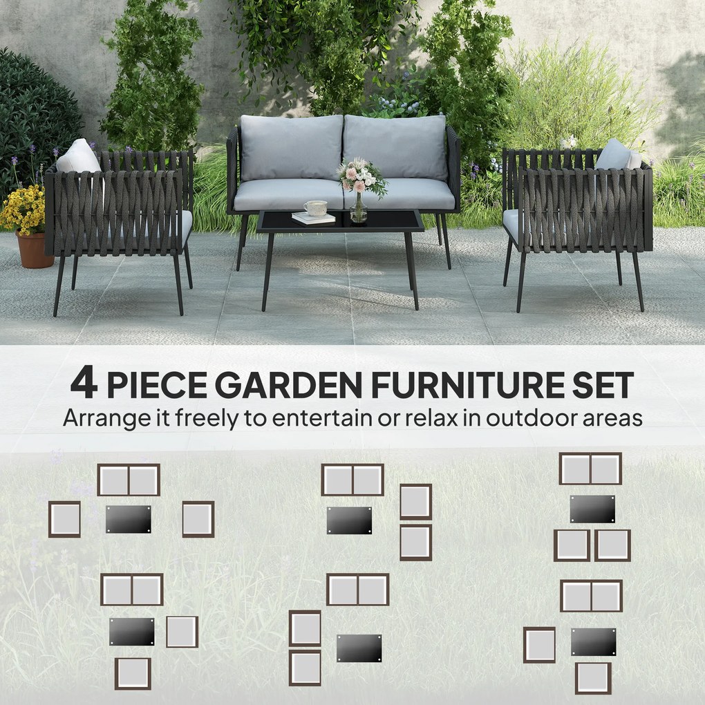 Outsunny Zestaw mebli ogrodowych dla 4 osób, odporny na warunki atmosferyczne, zestaw balkonowy z sofą dwuosobową, fotelami, stolikiem i poduszkami, Jasnoszary