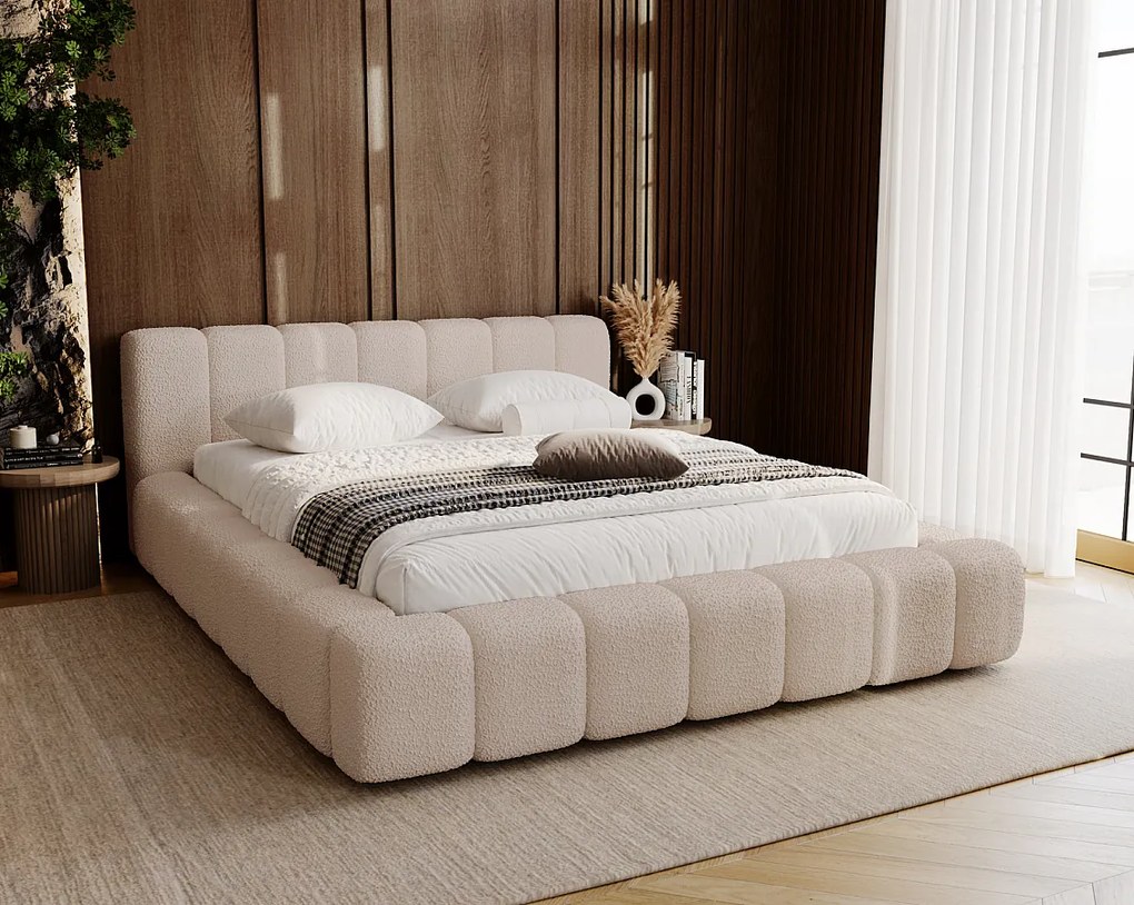 Emporius Bolonia łóżko 160x200 cm - łóżko tapicerowane 160x200 w nowoczesnym stylu - pojemnik, stelaż, gruba pianka, tkanina boucle, beżowy (Anthology 3)
