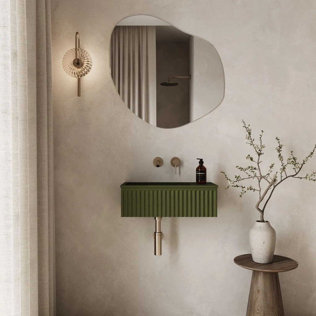 Umywalka betonowa ryflowana nablatowa / wisząca prostokątna 60 x 30 cm WELLE | różne kolory : Kolor - Oliwkowy, Typ montażu - podwieszana