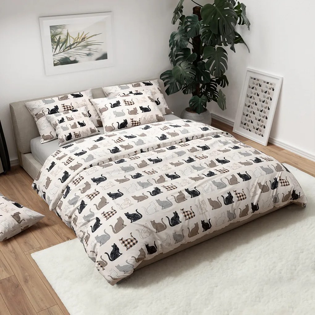 PrzytulneMieszkanie.pl PrzytulneMieszkanie.pl Pościel z bawełny Renforcé PATTERNED CATS beżowe Rozmiar pościeli: 2 szt 70 x 90 cm | 200 x 220 cm