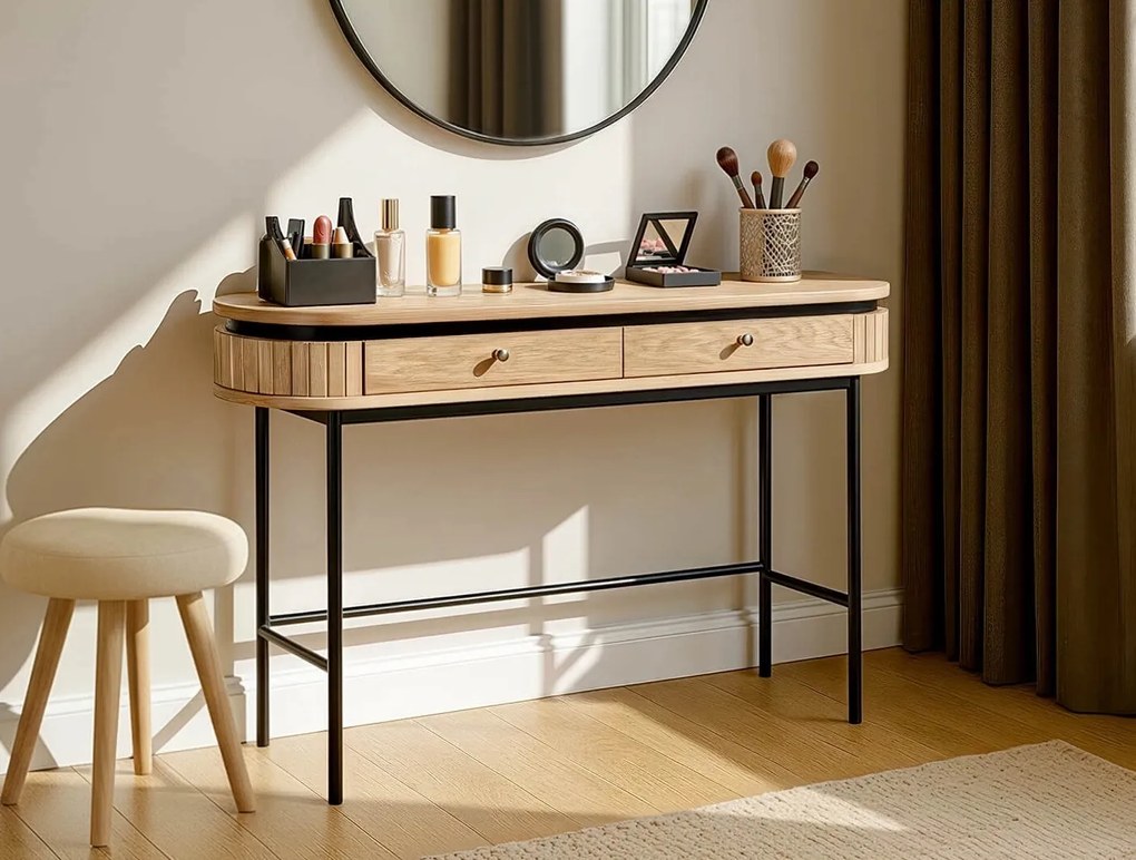 Owalna konsola z szufladami i ryflowanymi wstawkami Beck, dąb