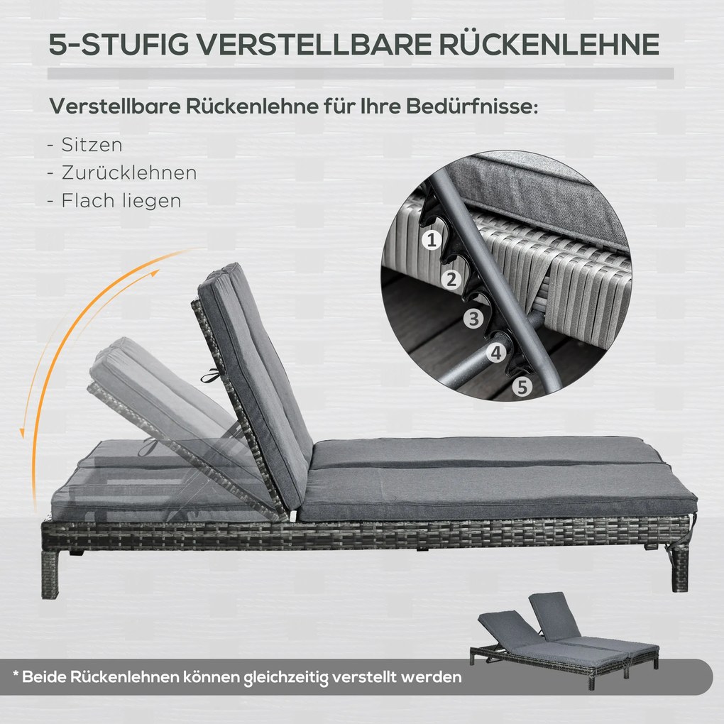 Leżak ogrodowy podwójny dla 2 osób regulacja oparcia 5 stopni metal rattan PE szary wygodny | Aosom PL