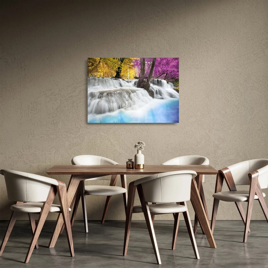 Obraz na szkle wodospadu Erawan w lesie (70x50 cm)