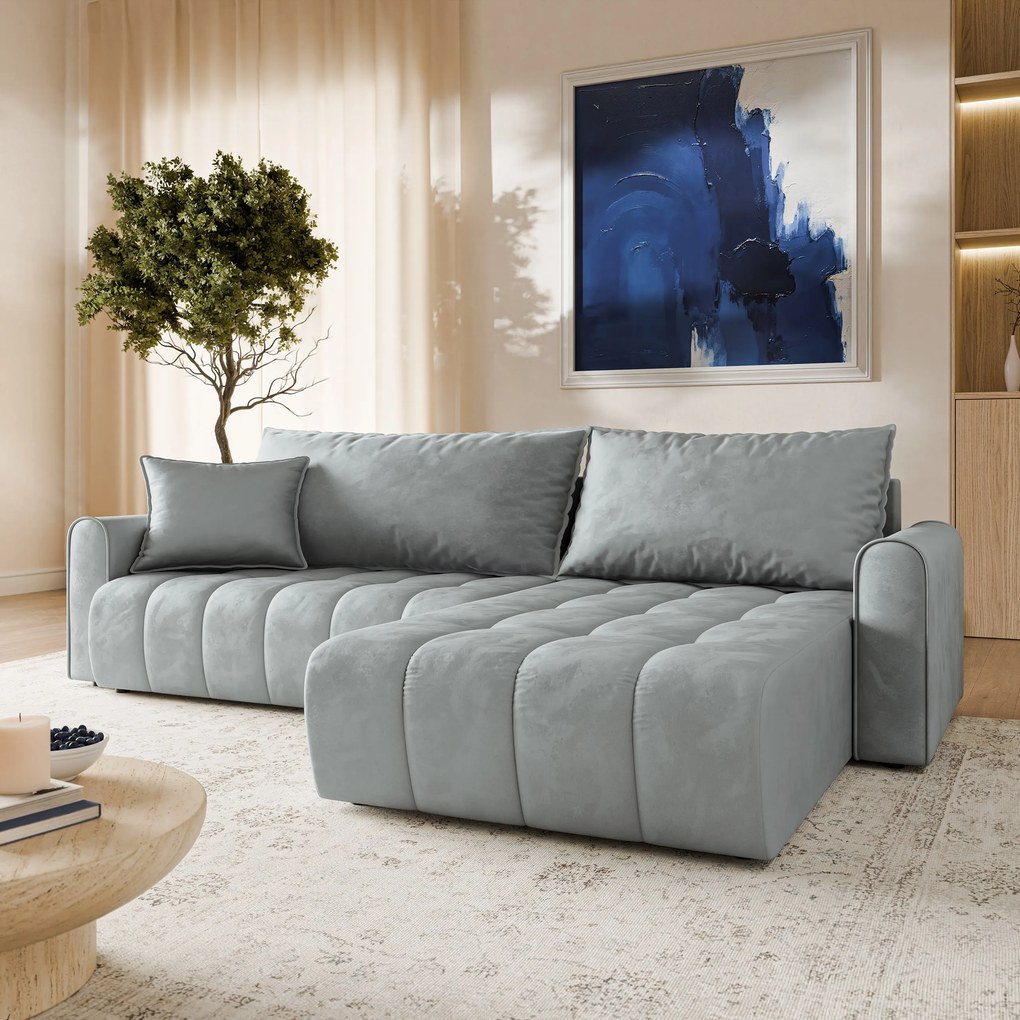 Masseno Narożnik FRIGA z funkcją spania i pojemnikiem na pościel Narozniki L, Rozkładana sofa - Jasnoszary, MONOLITH 84