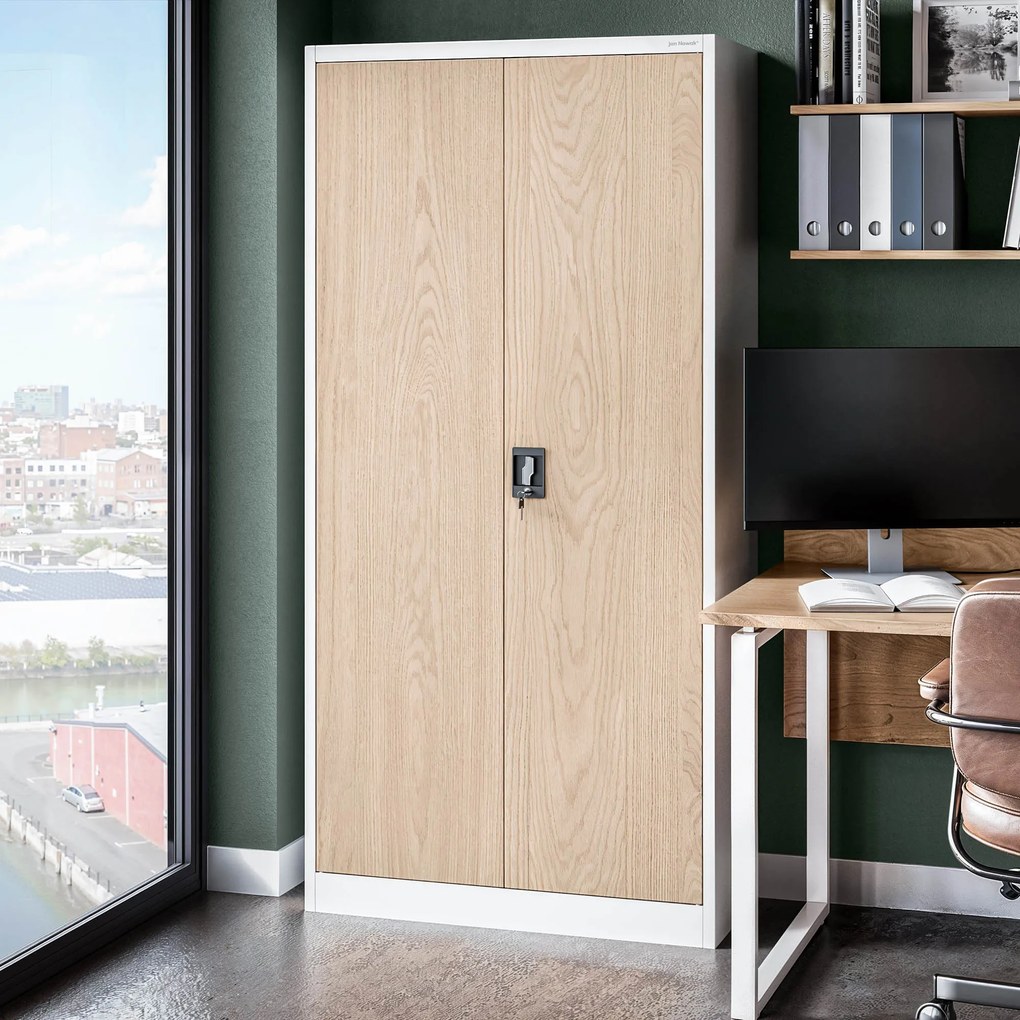 Biurowa szafa metalowa JAN, 900 x 1850 x 400 mm, Eco Design: biała/ dąb sonoma