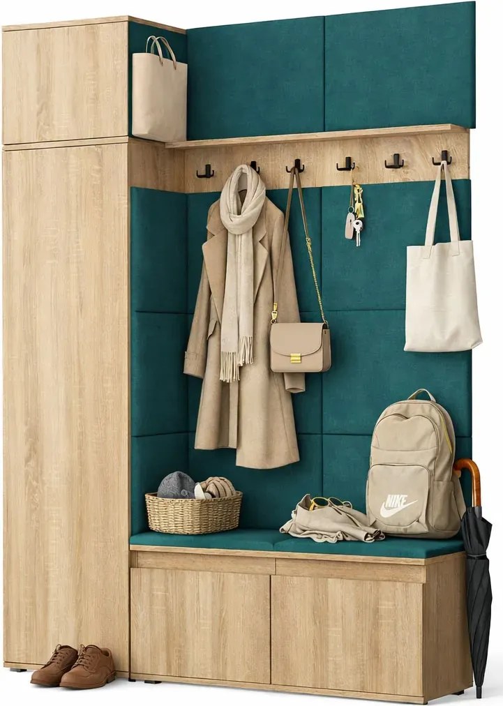 Garderoba z welurowym panelem ściennym dąb sonoma + butelkowa zieleń Z3-B52