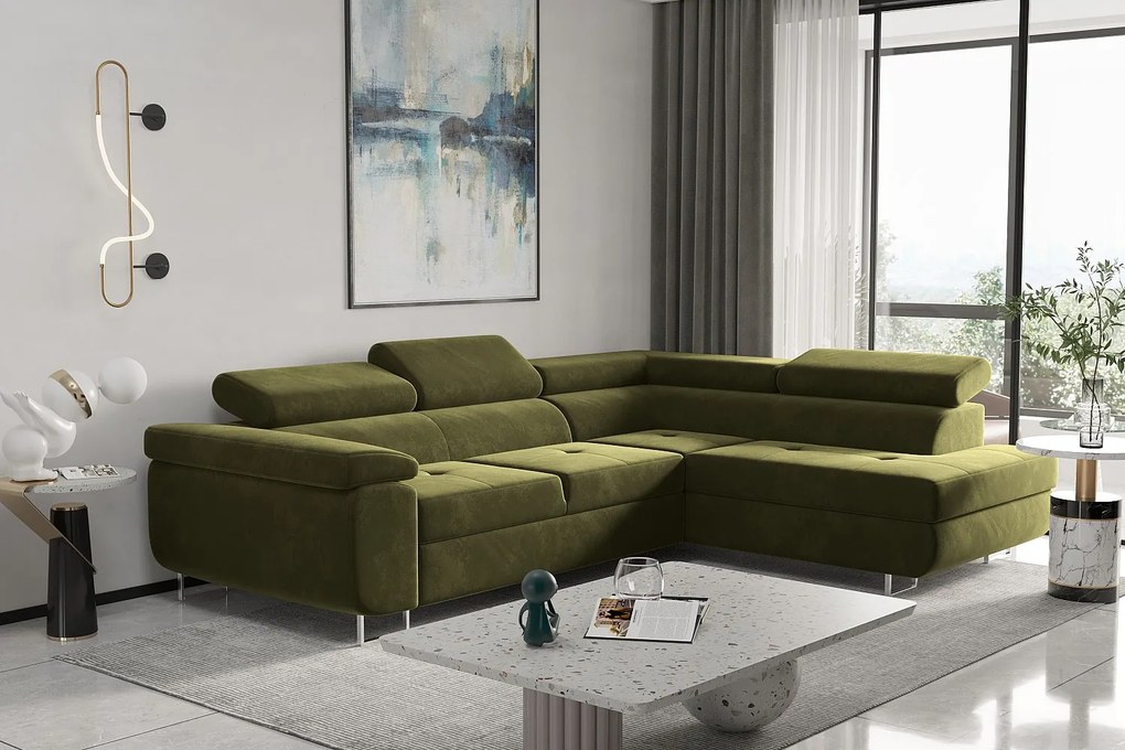 Narożnik z funkcją spania w kształcie L ATOM, tkanina Monolith, Oliwkowy, Prawy