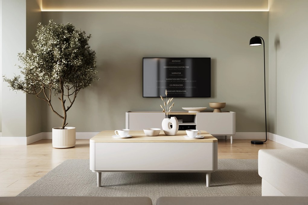 Stolik kawowy Amilio 100 cm z szufladami na nóżkach - kaszmir / dąb olejowany