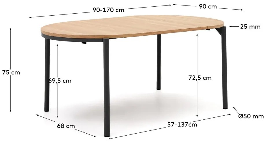 Okrągły rozkładany stół z blatem w dekorze dębu ø 90 cm Montuiri – Kave Home
