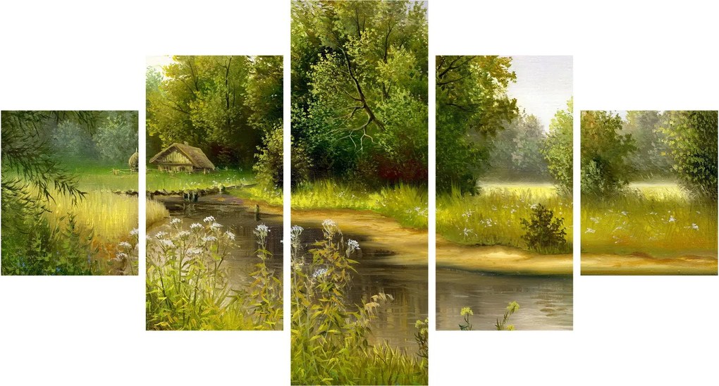 Obraz - Rzeka przy lesie, obraz olejny (125x70 cm)