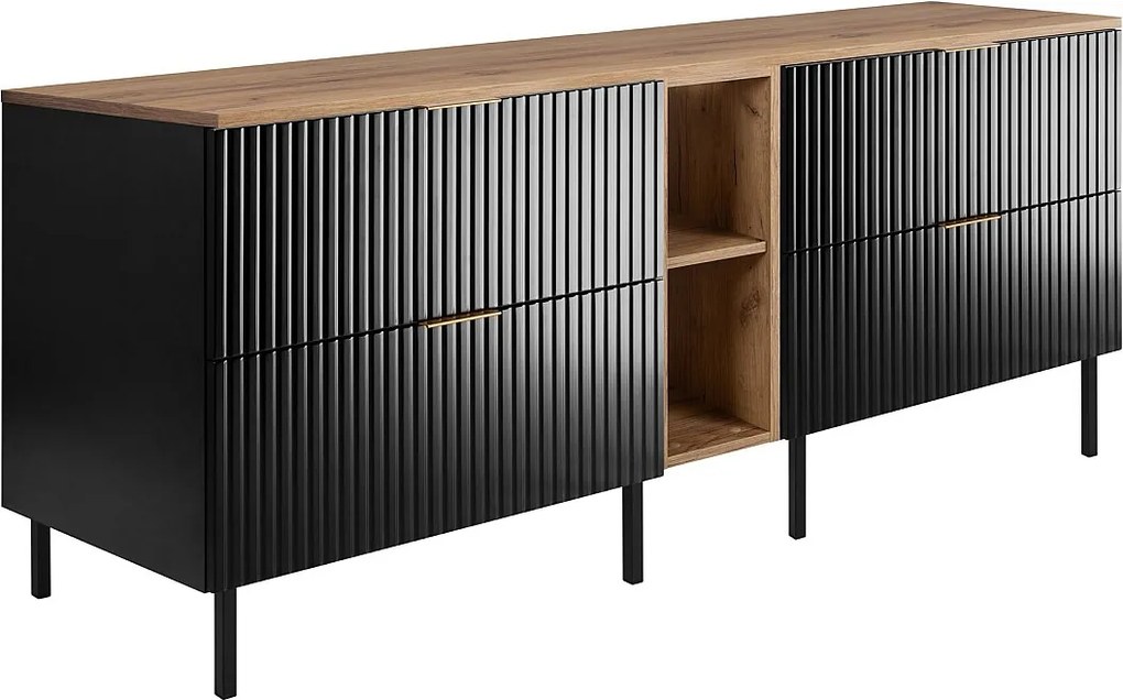 Szafka pod umywalkę, czarny/dąb Craft + złoty uchwyt, 180 (2 x 80 + 20) x 77 x 46 cm + blat, czarne nogi