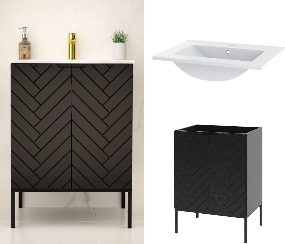 Szafka z umywalką wpuszczaną Aspen 09, czarna, 60 cm - zestaw 3