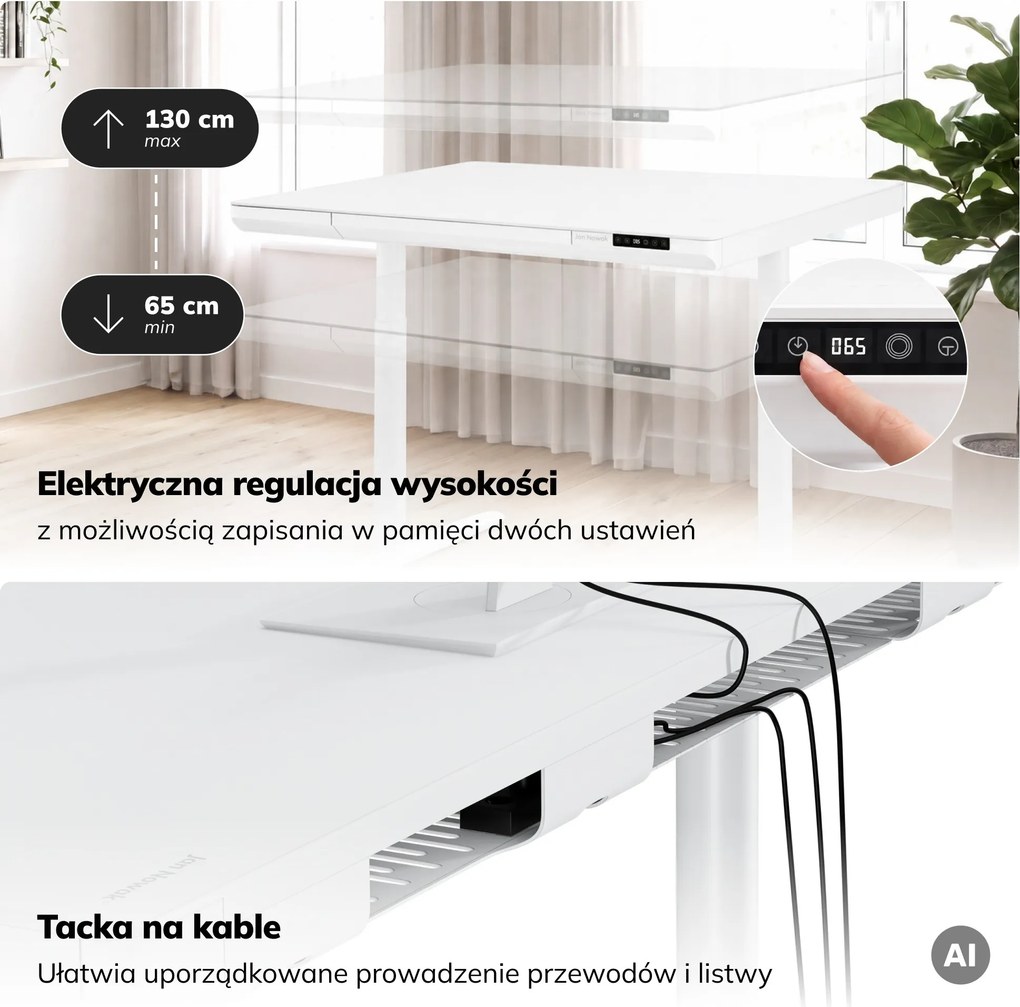 Biurko elektryczne sit-stand z szufladą i ładowarką bezprzewodową Qi białe, 1600 mm: ELLIS