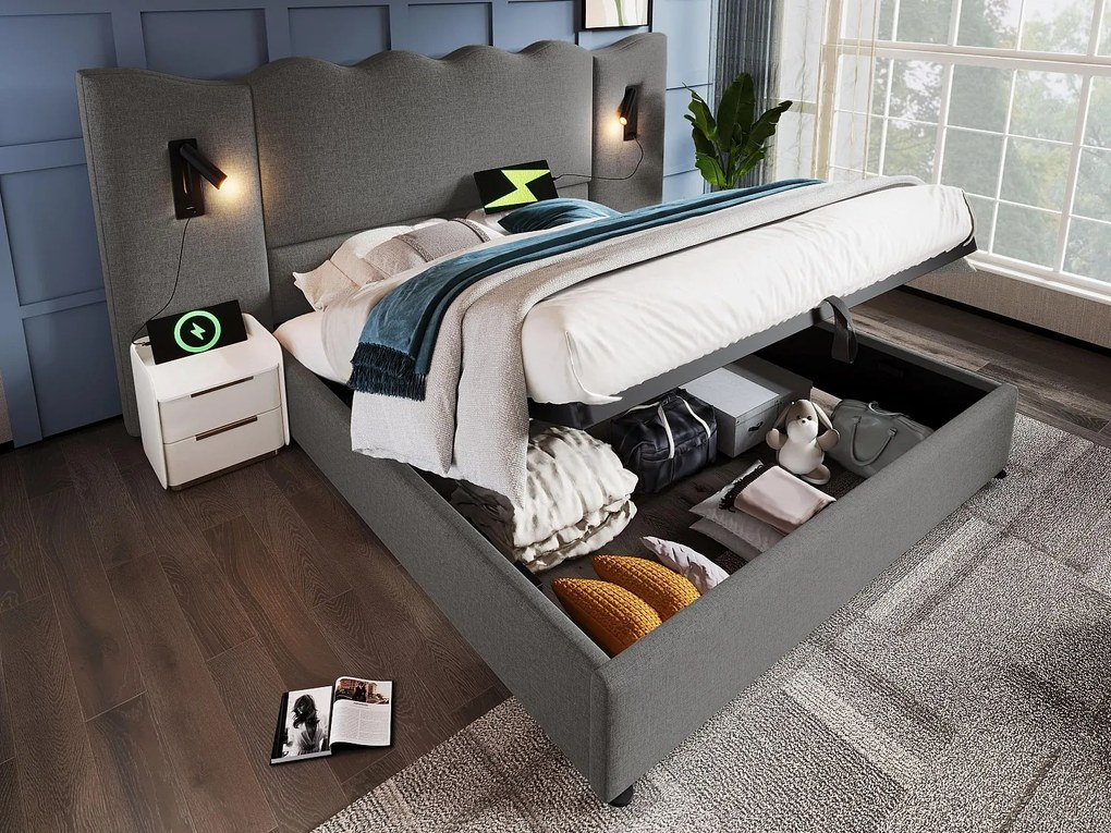 Łóżko do przechowywania 160x200cm z lnu - z lampką do czytania i funkcją ładowania - z stelażem na listwy - Szare