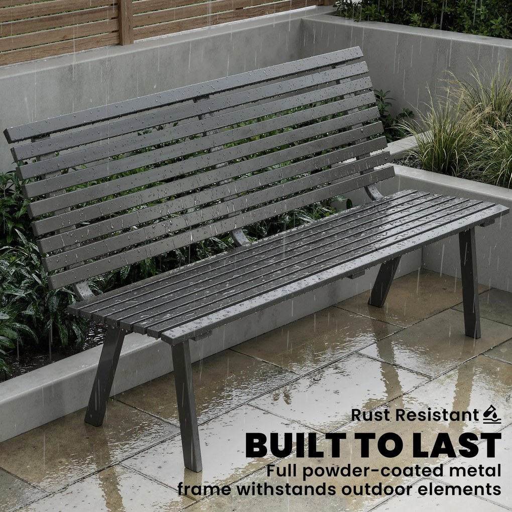 Outsunny Ławka ogrodowa 3-osobowa, odporna na warunki atmosferyczne, metalowa, z szerokim siedziskiem, lamelowy design, nośność 240 kg, 154 x 68 x 88 cm | Aosom PL