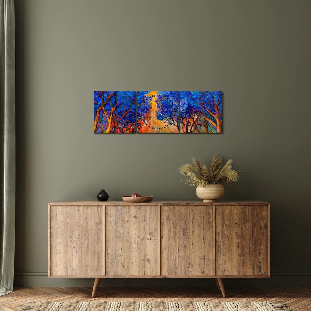 Obraz - Jesienne korony drzew, nowoczesny impresjonizm (z zegarem) (90x30 cm)
