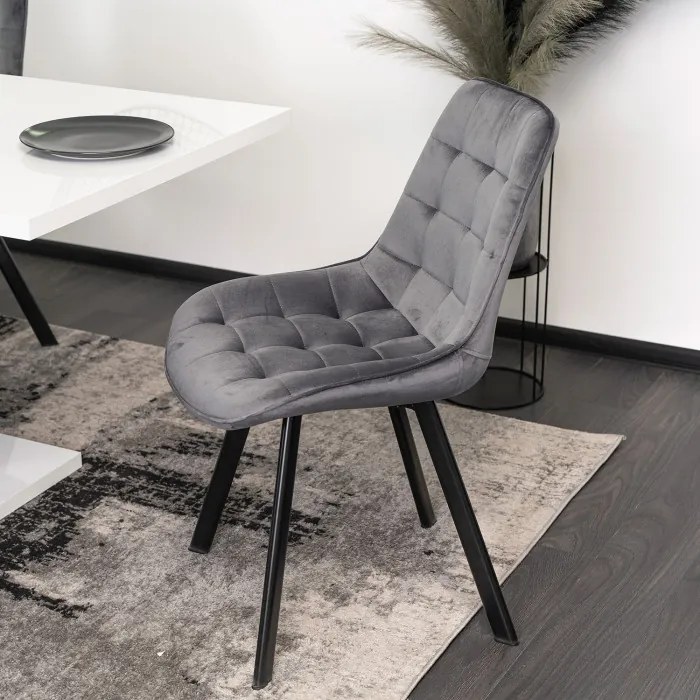 Zestaw Stół Prostokątny Rozkładany CLARK 120-160 cm Czarny/Biały Połysk i 4 Krzesła Tapicerowane do Salonu RICK Szare Welurowe