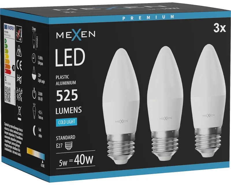 Mexen Nova 3x żarówka LED E27, C37, 5W, Zimna - 6500K, 525 lm - L102-E27-0565-01x03