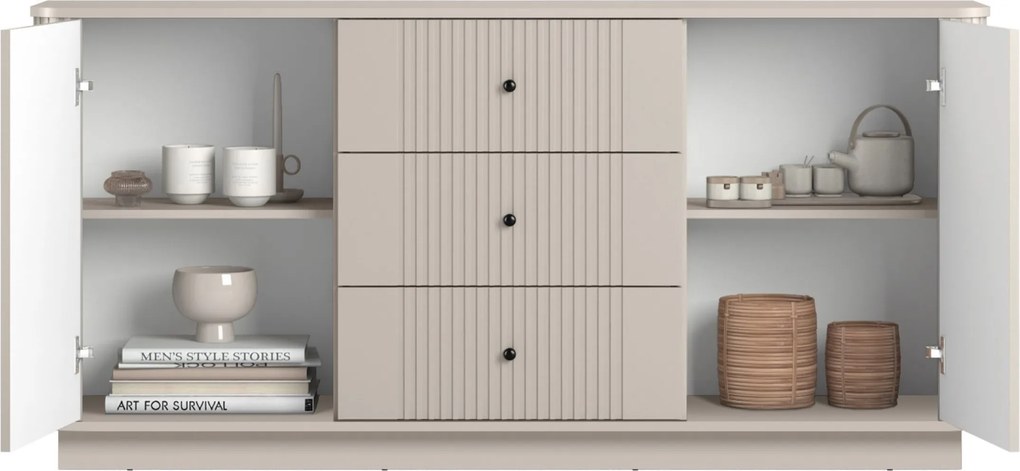 Komoda Vesper 160 cm z szufladami na cokole - kaszmir / czarne uchwyty